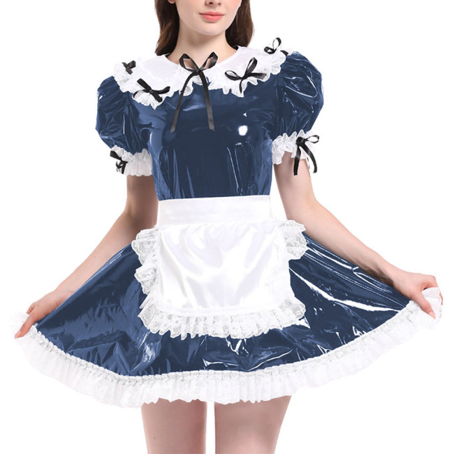 Sissy Puff Short Sleeve French Maid Uniforms Wet Look PVC Leather Servant Maid Dress with Apron Lolita Cosplay Teddy Babydoll
