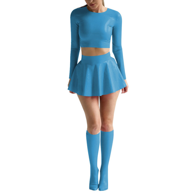 Womens Sexy Shiny PVC Leather Nightclub Outfit Solid Long Sleeve Crop Tops with Mini Skirt Stockings Wetlook Pole Dance Clubwear