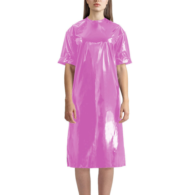Fashion Vinyl PVC Leather T-shirt Dress Latex-look Short Sleeve Long T-Shirt Women Straight Knee-length Casual Dress Streetwear