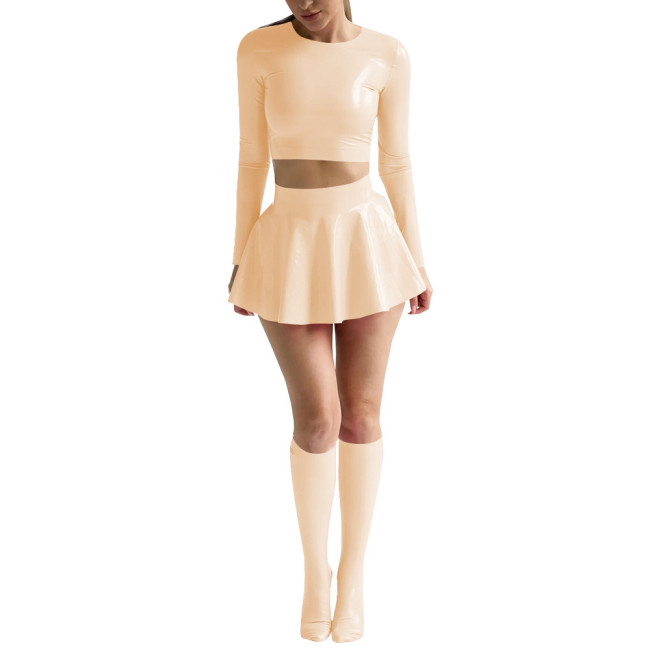 Womens Sexy Shiny PVC Leather Nightclub Outfit Solid Long Sleeve Crop Tops with Mini Skirt Stockings Wetlook Pole Dance Clubwear