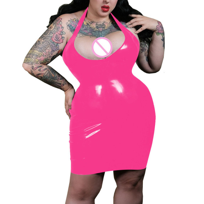 Sexy Plunging Neckline Halter Bodycon Dress Shiny PVC Leather Women Faux Latex Hobble Mini Dress Party Pole Dancing Exotic Dress