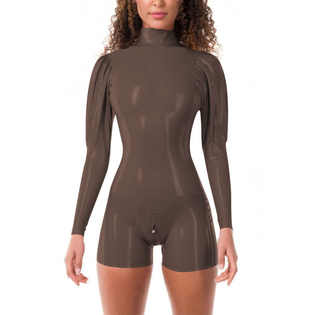 Glossy PVC Womens One-Piece Short Jumpsuit Zippered Open Crotch Tight Latex-look Turtleneck Rompers Fashionable Sexy Streetwear
