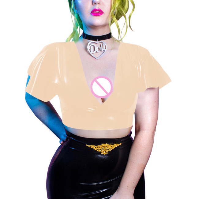 Goth Girls Deep V-neck Bodycon Short Sleeve Vinyl PVC Leather Summer Women Clothing Sexy Club Slim Solid Crop Tops Daily Wearng