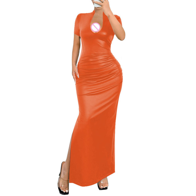 Ladies Elegant Deep V-Neck Long Dress Womens Streetwear Elastic PU Slim Fit Maxi Dress Female Sexy Short Sleeve Split Vestidos