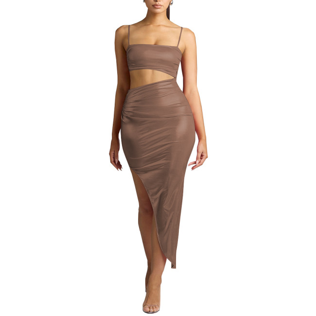 Women Wetlook Summer Spaghetti Strap Midi Dress Shiny Sexy Club Party Dress Ladies Hollow Out Bodycon Faux Leather Dress Vestido