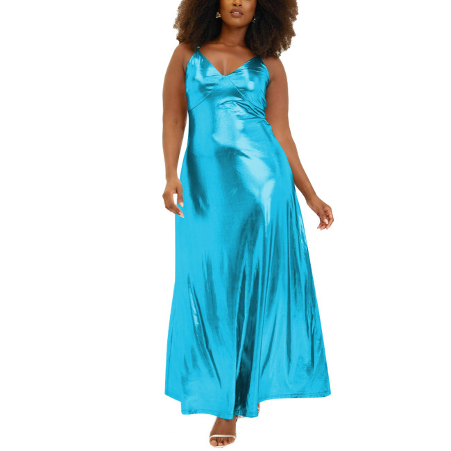 Women Wetlook Spaghetti Strap Casual Summer Dress Liquid Metallic Clothing Fashion Slim Waist A-line Long Dress Club Cocktail