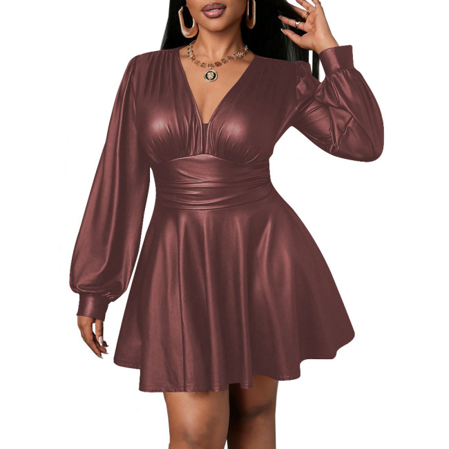 Deep V-neck Dress for Women PU Leather Long Lantern Sleeves Slim Waist Pleated Mini Dress Office Lady Sexy Vestido