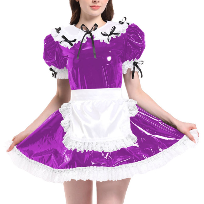 Sissy Puff Short Sleeve French Maid Uniforms Wet Look PVC Leather Servant Maid Dress with Apron Lolita Cosplay Teddy Babydoll