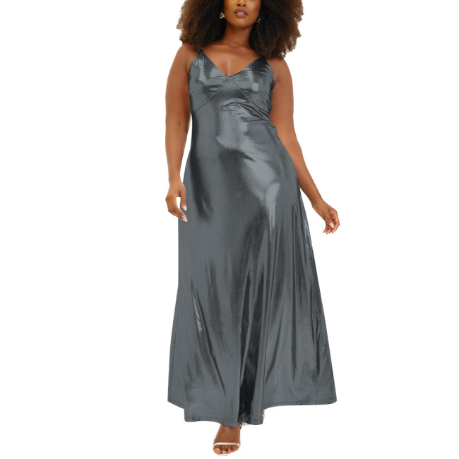Women Wetlook Spaghetti Strap Casual Summer Dress Liquid Metallic Clothing Fashion Slim Waist A-line Long Dress Club Cocktail