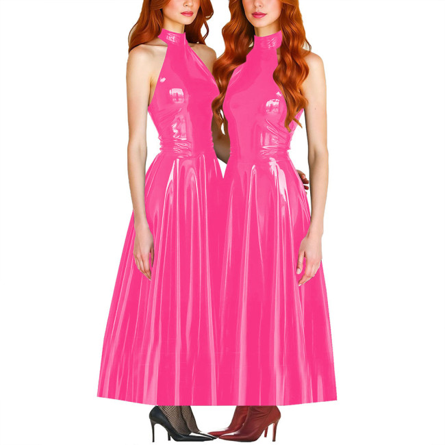 Elegance Pleated Maxi Dress for Women PVC Leather Sleeveless Slim Fit A-line Long Dress Ball Gowns Sexy Women Clothing Vestido
