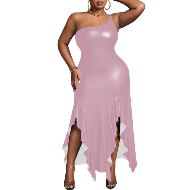Elegant Wetlook PU Leather Sleeveless Irregular Long  Dress for Women Matte Off Shoulder Slim Fit  A-line Sexy Dress Party Club