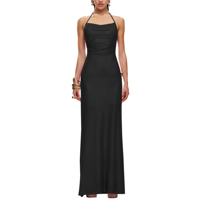 Sexy Halter Formal Party Long Summer Dress Liquid Metallic Women Sleeveless Slim Fit Hip Wrap Maxi Dress Elegant Cocktail Gownng Dress