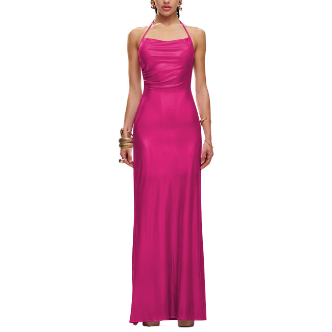 Sexy Halter Formal Party Long Summer Dress Liquid Metallic Women Sleeveless Slim Fit Hip Wrap Maxi Dress Elegant Cocktail Gownng Dress