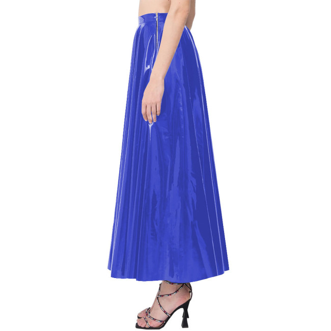 Elegance Long Pleated Skirt Women Candy Color Stretchy Maxi Skirts PVC Leather Side Zipper Casual Red Long Skirts Daily Wearbwear