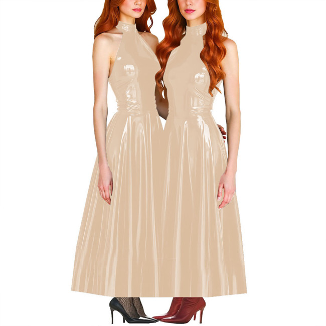 Elegance Pleated Maxi Dress for Women PVC Leather Sleeveless Slim Fit A-line Long Dress Ball Gowns Sexy Women Clothing Vestido