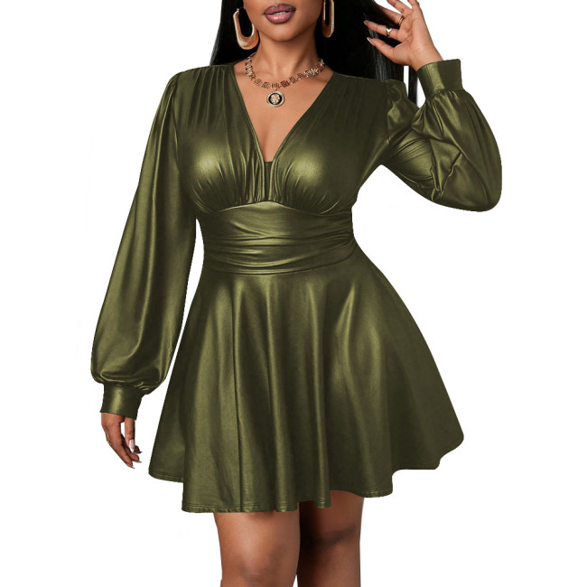 Deep V-neck Dress for Women PU Leather Long Lantern Sleeves Slim Waist Pleated Mini Dress Office Lady Sexy Vestido