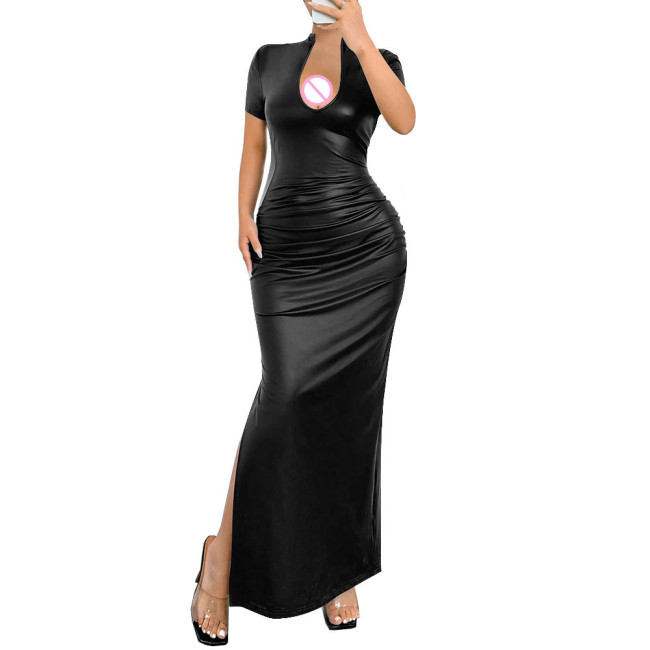 Ladies Elegant Deep V-Neck Long Dress Womens Streetwear Elastic PU Slim Fit Maxi Dress Female Sexy Short Sleeve Split Vestidos