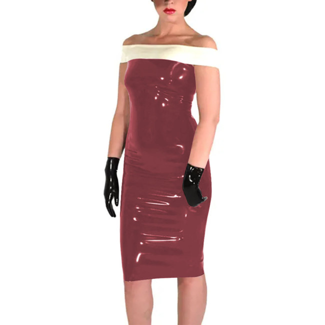 New Fashion Patchwork White Slim Fit Dress Shiny PVC Leather Slash Neck Bodycon Midi Dress Office Lady Back Zipper Sexy Dress