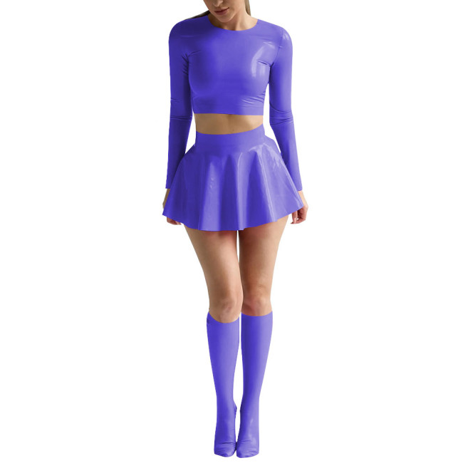 Womens Sexy Shiny PVC Leather Nightclub Outfit Solid Long Sleeve Crop Tops with Mini Skirt Stockings Wetlook Pole Dance Clubwear