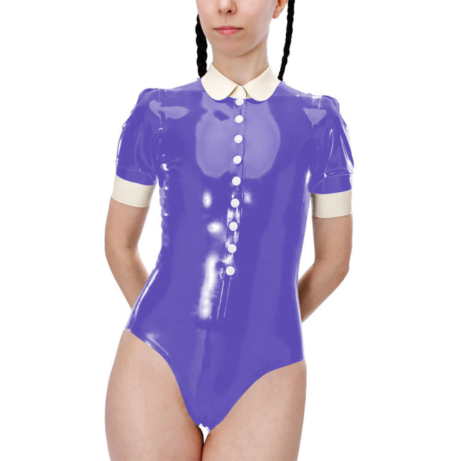 Fetish Short Sleeve High Cut Lingerie Sexy Bodysuit Shiny PVC Leather Turn-down Collar Button One-pieces Bodysuit Sexy Costume