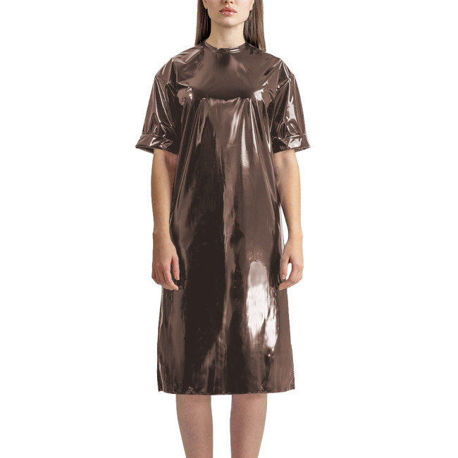 Fashion Vinyl PVC Leather T-shirt Dress Latex-look Short Sleeve Long T-Shirt Women Straight Knee-length Casual Dress Streetwear