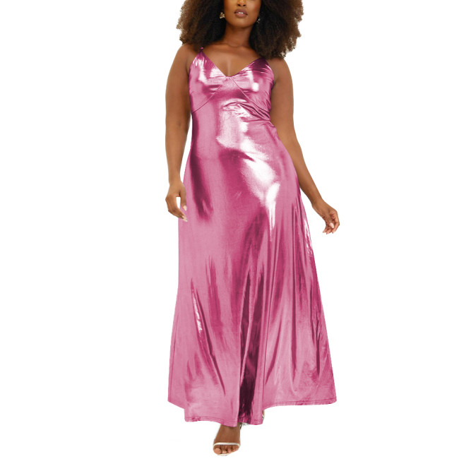 Women Wetlook Spaghetti Strap Casual Summer Dress Liquid Metallic Clothing Fashion Slim Waist A-line Long Dress Club Cocktail