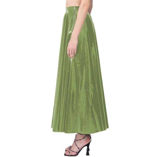 Elegance Long Pleated Skirt Women Candy Color Stretchy Maxi Skirts PVC Leather Side Zipper Casual Red Long Skirts Daily Wearbwear