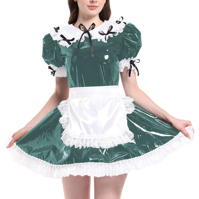 Sissy Puff Short Sleeve French Maid Uniforms Wet Look PVC Leather Servant Maid Dress with Apron Lolita Cosplay Teddy Babydoll