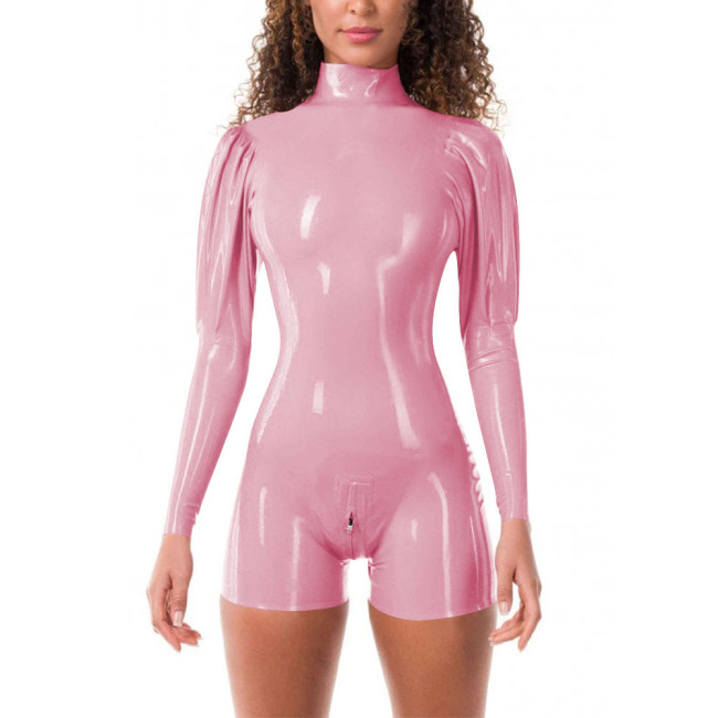Glossy PVC Womens One-Piece Short Jumpsuit Zippered Open Crotch Tight Latex-look Turtleneck Rompers Fashionable Sexy Streetwear