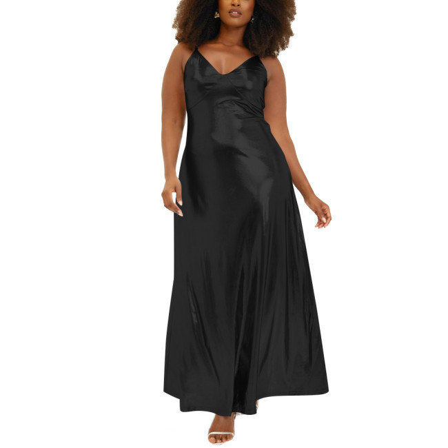 Women Wetlook Spaghetti Strap Casual Summer Dress Liquid Metallic Clothing Fashion Slim Waist A-line Long Dress Club Cocktail