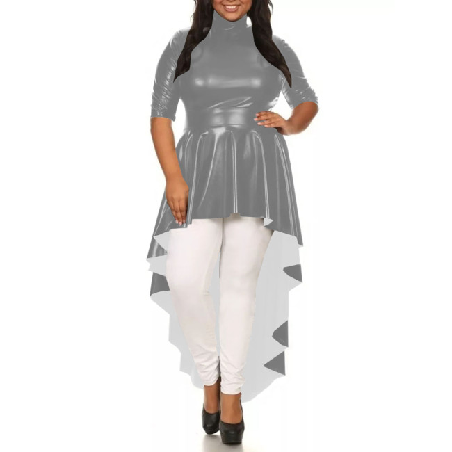 Womens Solid Color Irregular Hem Long Dress Elegant Half Sleeve PU Leather Mermaid Dress Ladies High-Low Pleated Dresses Tops