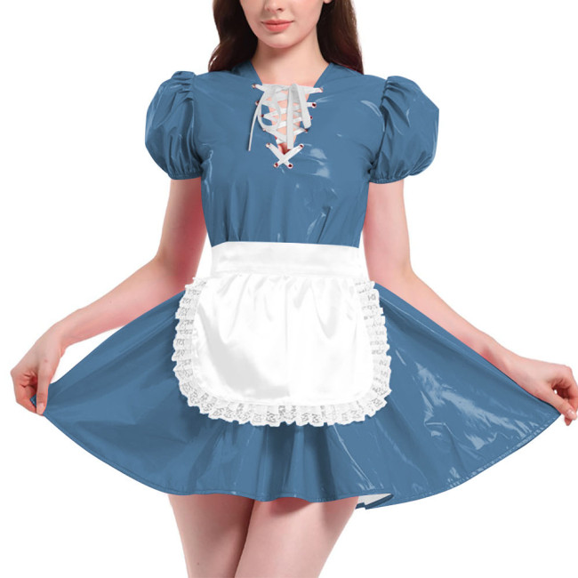 French Maid Outfit Puff Short Sleeve Mini Dress with Apron PVC Leather Sweet Kawaii Maid Cosplay Costume Maid Cross Dressing Set