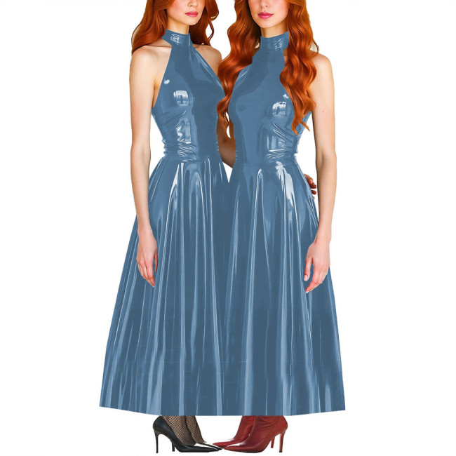Elegance Pleated Maxi Dress for Women PVC Leather Sleeveless Slim Fit A-line Long Dress Ball Gowns Sexy Women Clothing Vestido