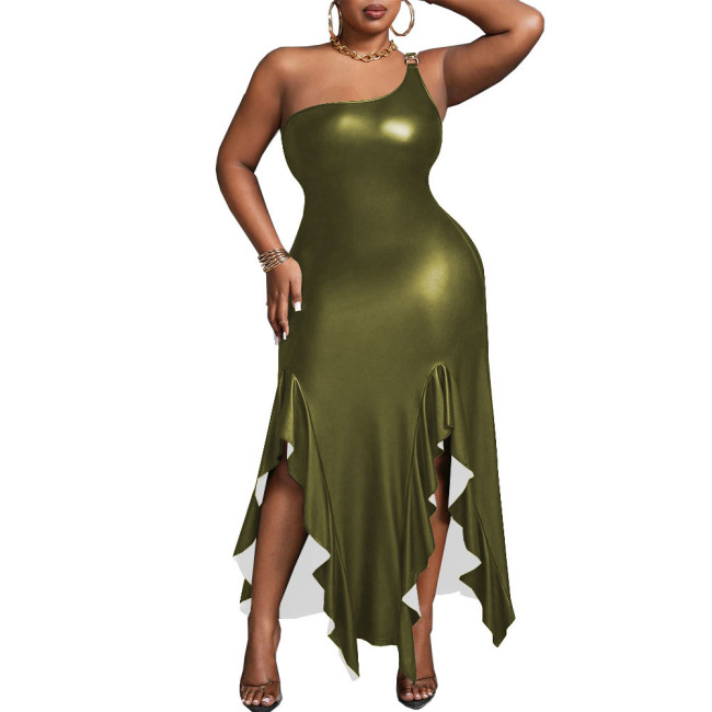 Elegant Wetlook PU Leather Sleeveless Irregular Long  Dress for Women Matte Off Shoulder Slim Fit  A-line Sexy Dress Party Club