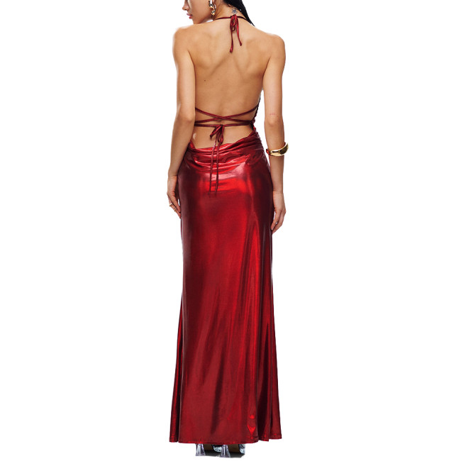 Sexy Halter Formal Party Long Summer Dress Liquid Metallic Women Sleeveless Slim Fit Hip Wrap Maxi Dress Elegant Cocktail Gownng Dress