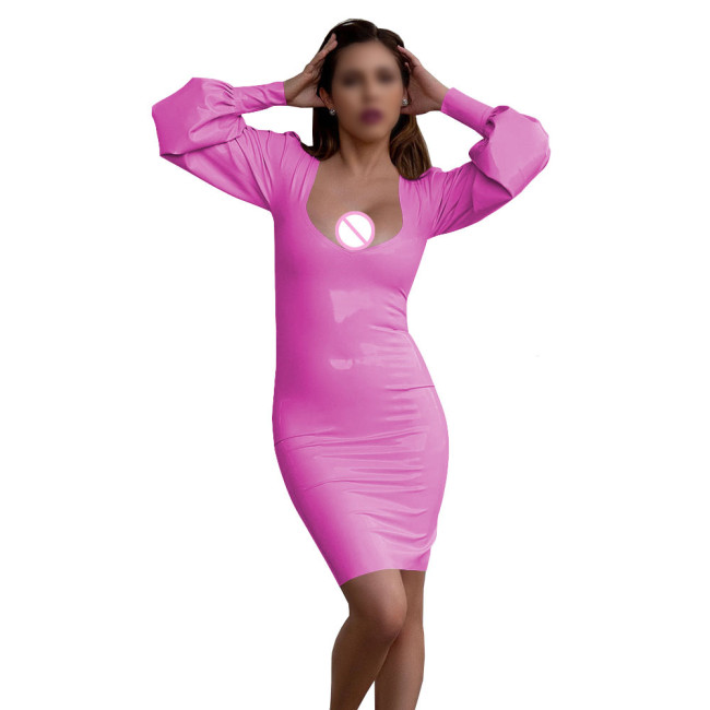 Women's Sexy Deep U-neck Mini Dress Nightclub Solid Color Long Sleeve PVC Tight Dress Wetlook Patent Leather Club Party Dresses