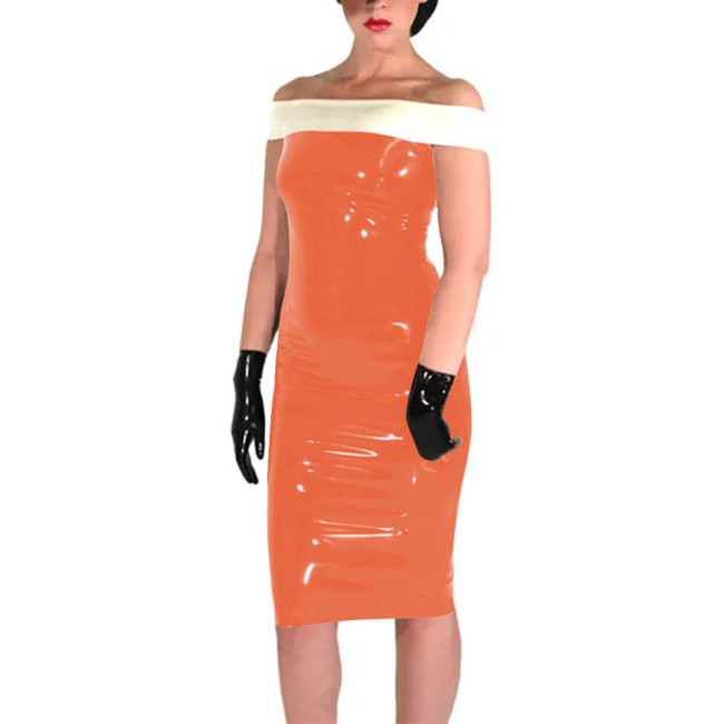 New Fashion Patchwork White Slim Fit Dress Shiny PVC Leather Slash Neck Bodycon Midi Dress Office Lady Back Zipper Sexy Dress