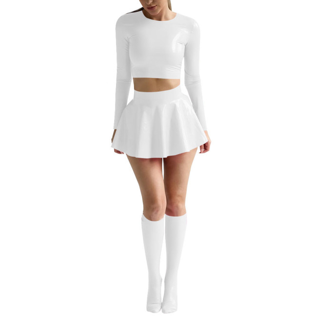 Womens Sexy Shiny PVC Leather Nightclub Outfit Solid Long Sleeve Crop Tops with Mini Skirt Stockings Wetlook Pole Dance Clubwear