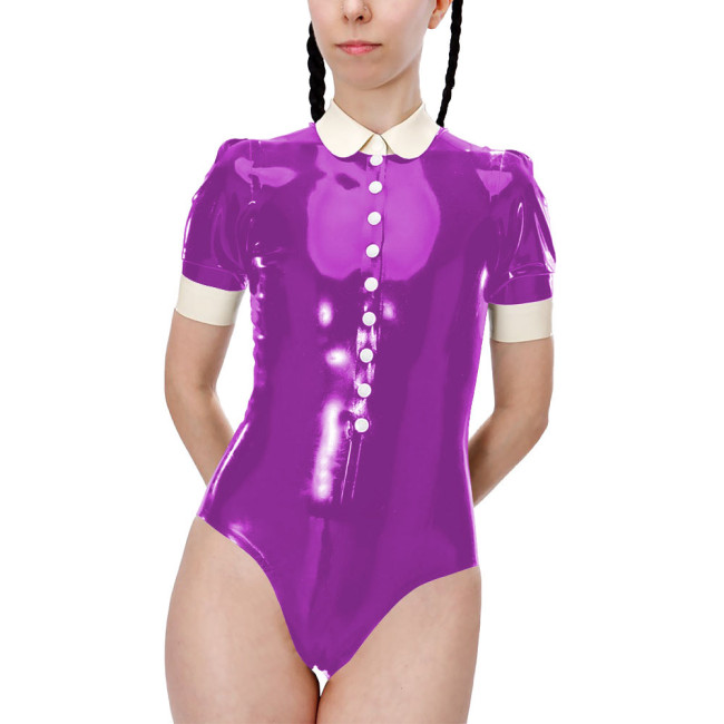Fetish Short Sleeve High Cut Lingerie Sexy Bodysuit Shiny PVC Leather Turn-down Collar Button One-pieces Bodysuit Sexy Costume