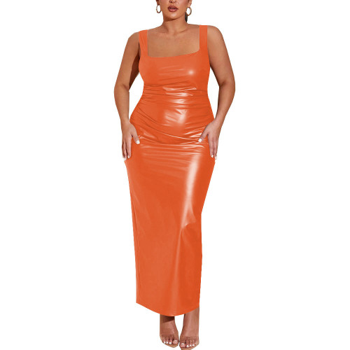 Sexy Bodycon Strap Maxi Dress Women PU Leather Matte Sleeveless Slim Fit Solid Color Dress Revelry Party Gowns Vestido Clubwear