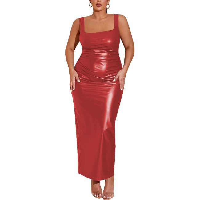 Sexy Bodycon Strap Maxi Dress Women PU Leather Matte Sleeveless Slim Fit Solid Color Dress Revelry Party Gowns Vestido Clubwear