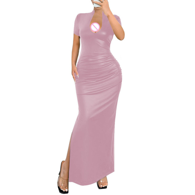 Ladies Elegant Deep V-Neck Long Dress Womens Streetwear Elastic PU Slim Fit Maxi Dress Female Sexy Short Sleeve Split Vestidos