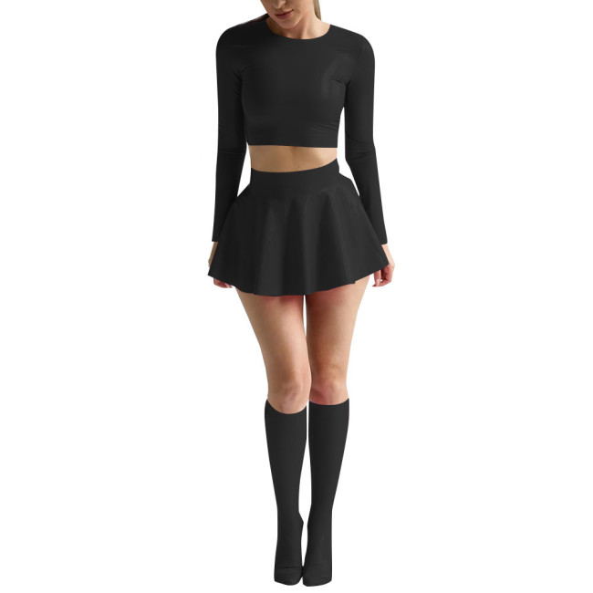 Womens Sexy Shiny PVC Leather Nightclub Outfit Solid Long Sleeve Crop Tops with Mini Skirt Stockings Wetlook Pole Dance Clubwear