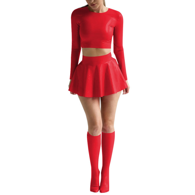 Womens Sexy Shiny PVC Leather Nightclub Outfit Solid Long Sleeve Crop Tops with Mini Skirt Stockings Wetlook Pole Dance Clubwear