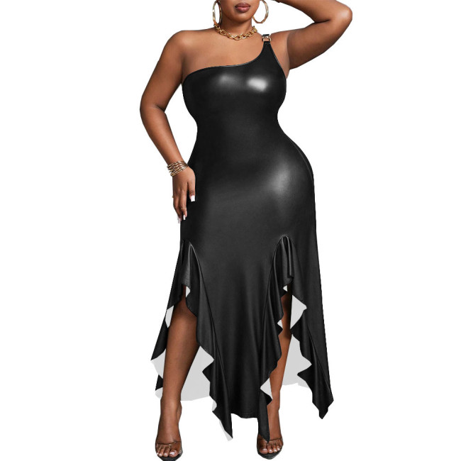 Elegant Wetlook PU Leather Sleeveless Irregular Long  Dress for Women Matte Off Shoulder Slim Fit  A-line Sexy Dress Party Club