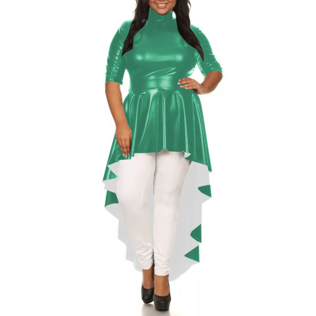 Womens Solid Color Irregular Hem Long Dress Elegant Half Sleeve PU Leather Mermaid Dress Ladies High-Low Pleated Dresses Tops