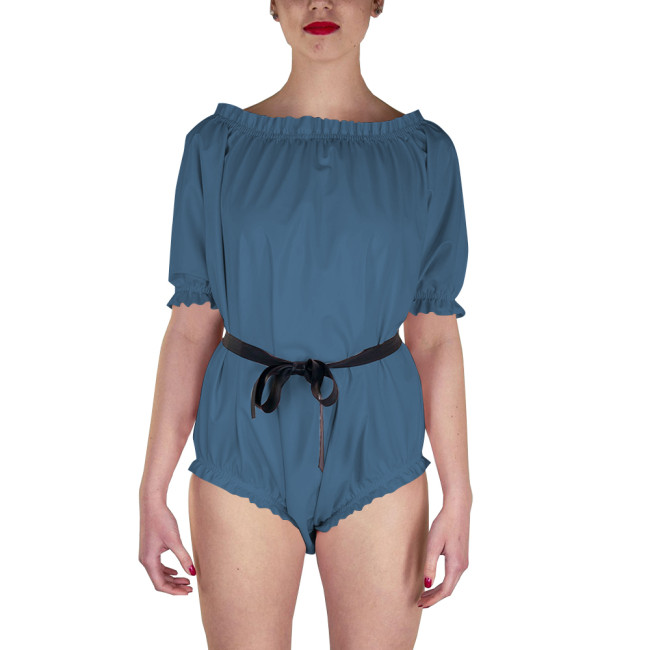 Mens Sissy Onesies Patent Leather Short Sleeve O Neck Faux Latex Bodysuits Adult Giant Baby Costume Summer Pole Dancing Rompers