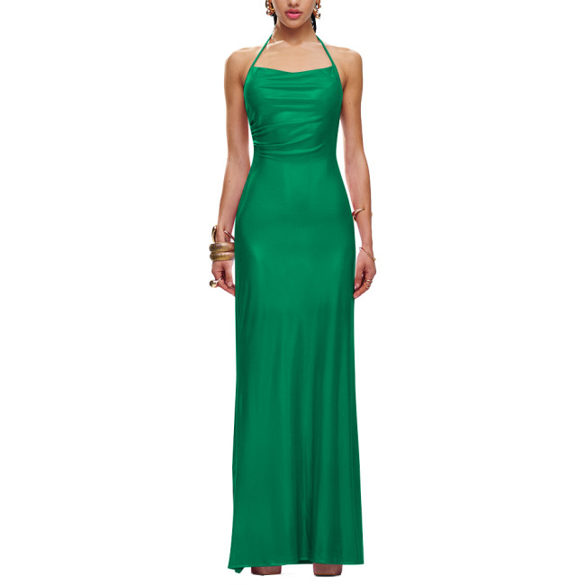 Sexy Halter Formal Party Long Summer Dress Liquid Metallic Women Sleeveless Slim Fit Hip Wrap Maxi Dress Elegant Cocktail Gownng Dress
