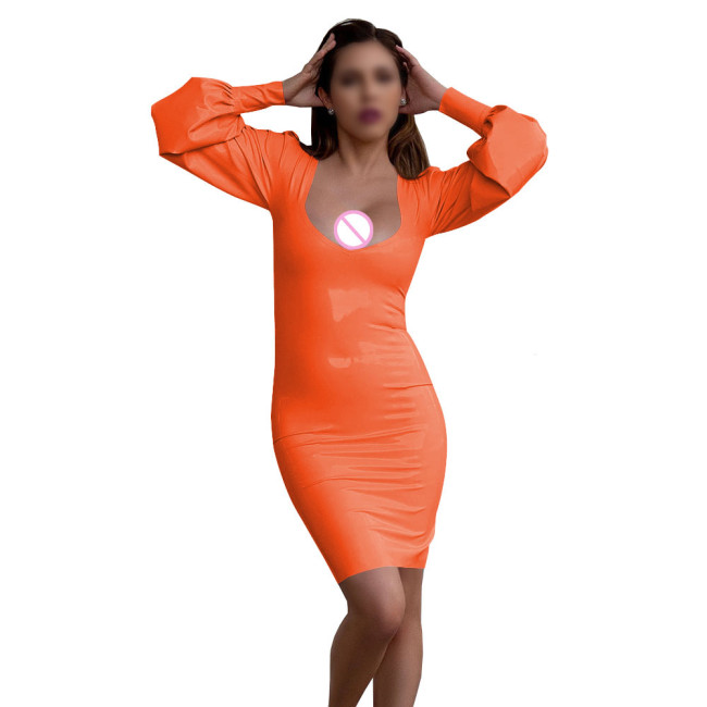 Women's Sexy Deep U-neck Mini Dress Nightclub Solid Color Long Sleeve PVC Tight Dress Wetlook Patent Leather Club Party Dresses