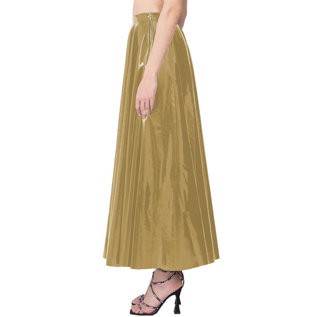 Elegance Long Pleated Skirt Women Candy Color Stretchy Maxi Skirts PVC Leather Side Zipper Casual Red Long Skirts Daily Wearbwear